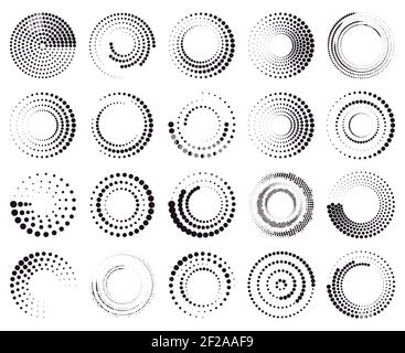 Circle dotted speed lines. Abstract round halftone circle frames, rotating dotted circle shapes. Halftone round elements vector illustration set Stock Vector