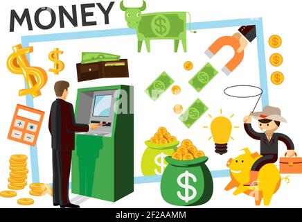 Flat finance icons set with businessman near atm dollar cow money bag of coins calculator magnet wallet cowboy on piggy bank isolated vector illustrat Stock Vector