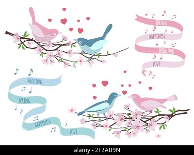 Birds on branches for wedding invitations. Flower decoration, love and romantic, design floral. Vector illustration Stock Vector