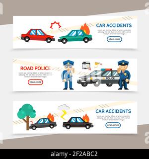 Flat auto accident horizontal banners with car crash police officers burning automobile video camera driver license vector illustration Stock Vector