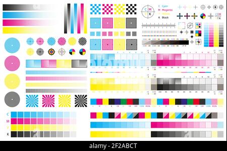 Printing cmyk marks. Offset print calibration marks, gradient color tone, color bars and registration plates. Color printing standard vector Stock Vector