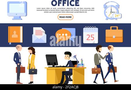 Flat business office concept with businessmen businesswomen workplace computer notepad letter speech clouds calendar clock briefcase icons vector illu Stock Vector