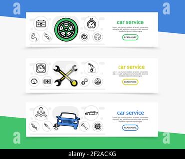 Car service horizontal banners with tire battery automobile speedometer wrenches oil radiator spark plug engine piston shock absorber transmission gea Stock Vector