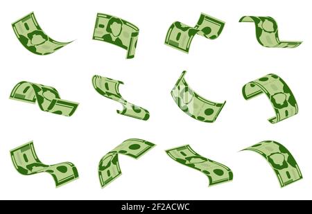 Falling dollars bills. Cash dollar banknotes rain, flying money bills seamless backdrop. Green dollars flying vector background illustration set. Stock Vector