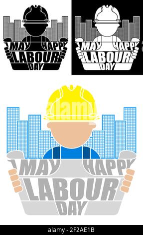 construction worker, architect examines building plan diagram in protective helmet with with an inscription Labor Day May 1st. Black and white vector Stock Vector