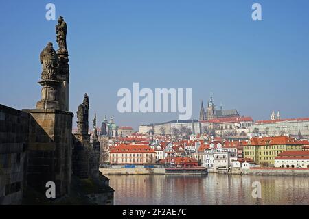 Prague historic city center with castle, panoramic view from Charles Bridge across Vltava River Stock Photo