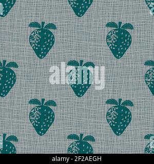 Linocut print strawberries linen vector seamless pattern background.Teal grey fruit motifs blended onto Hessian fiber texture backdrop.Woven burlap Stock Vector