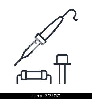 Electric soldering iron icon and resistor with diode, radioelectronics solder, vector Stock Vector