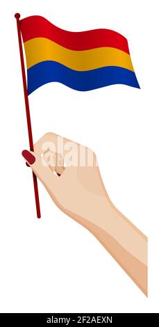 Female hand gently holds small flag of Armenia. Holiday design element. Cartoon vector on white background Stock Vector