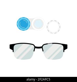 Contact lenses with case and eye glasses icon set isolated on white background. Stock Vector