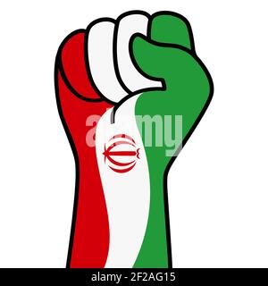 Raised fist iran flag. Iranian hand. Fist shape iran flag color. Patriotic demonstration, rebel, protest, fighting for human rights, freedom. Vector Stock Vector