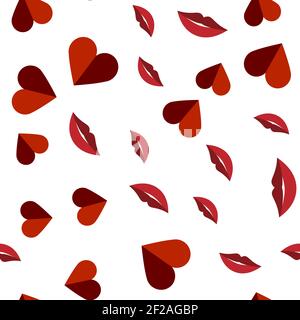 Heart and red lips on a white background. For fabric, baby clothes, background, textile, wrapping paper and other decoration. Vector seamless pattern Stock Vector