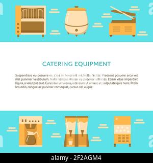 Catering equipment banner template in flat style with place for text. Professional cooking appliances symbols. Vector illustration. Stock Vector