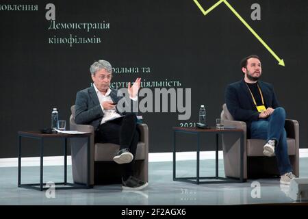 KYIV, UKRAINE - MARCH 11, 2021 - Minister of Culture and Information Policy of Ukraine Oleksandr Tkachenko and Managing Partner at Stereo Plaza Concer Stock Photo