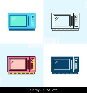 Microwave oven icon set in flat and line styles. Kitchen equipment symbols. Vector illustration. Stock Vector