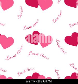 Love time inscription and two hearts on a white background. For fabric, baby clothes, background, textile, wrapping paper and other decoration. Vector Stock Vector