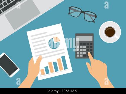 Flat design illustration of female or male hand counting on calculator. Analyzes financial chart on white paper. Laptop with keyboard and mobile phone Stock Vector