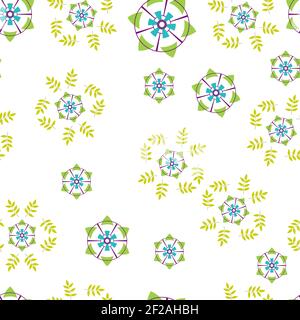 Vector seamless pattern of flowers and leaves on a white background. Flowers and leaves are randomly scattered throughout the picture. Repeating edita Stock Vector