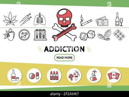 Line bad habits icons set with skull marijuana tobacco leaves syringes cigarette money dice drugs hookah playing cards mushroom tubes isolated vector Stock Vector