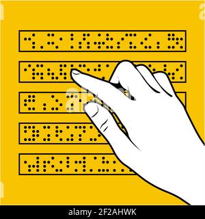 Braille font inscription, reading book by finger, blind people font, hand and braille text, vector Stock Vector