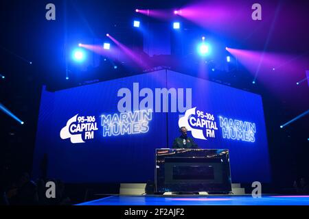 London, United Kingdom. 7th December 2019. Marvin Humes on stage during day one of Capital's Jingle Bell Ball 2019 with Seat at the O2 Arena, London. Picture credit should read: Scott Garfitt/EMPICS/Alamy Live News Stock Photo