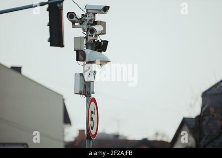 A shallow focus shot of multi-angle closed-circuit television system on the street. Stock Photo