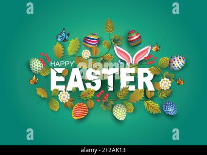 happy Easter greetings. Easter letter decorate with leaf, flowers, eggs. vector illustration design Stock Vector