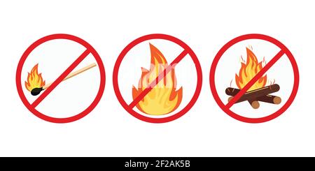 No bonfire or camping, no open fire sign set isolated on white background. Stock Vector