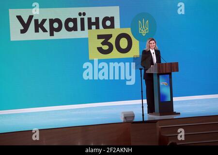 KYIV, UKRAINE - MARCH 11, 2021 - First Lady of Ukraine Olena Zelenska delivers a speech at the Ukraine 30. Culture and Media. Tourism Forum in Kyiv, capital of Ukraine. Credit: Ukrinform/Alamy Live News Stock Photo