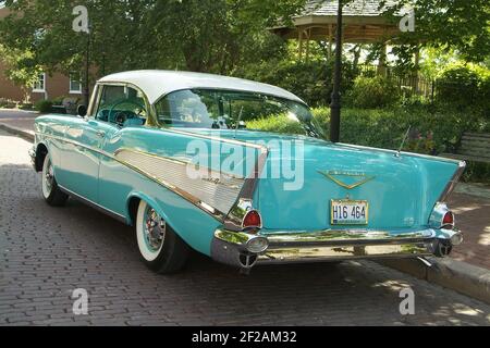 ST. CHARLES, UNITED STATES - Sep 29, 2007: A classic restored 1957 Chevy Bel Air auto in St. Charles, Missouri. Stock Photo