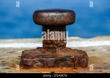 Old rusty knecht at a mooring, selective focus. Stock Photo