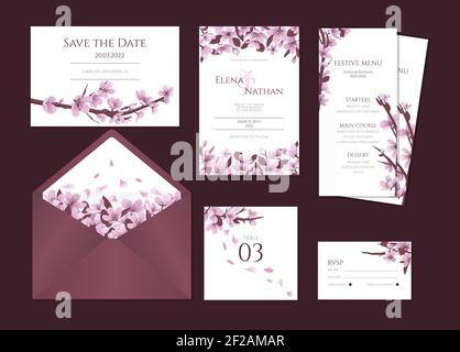 Cherry blossom wedding stationary vector template. Wedding invitation template with blooming cherry flowers. Stock Vector