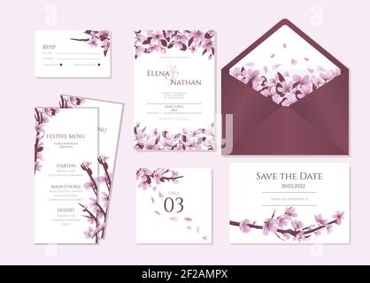 Cherry blossom wedding stationary vector template. Wedding invitation template with blooming cherry flowers. Stock Vector