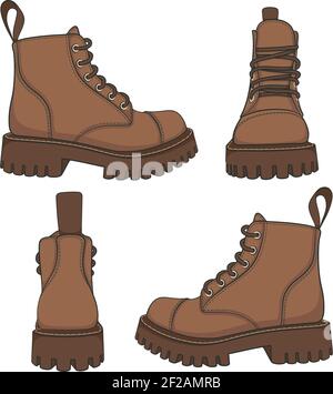 Vector set of drawings with brown boots. Isolated objects on a white background. Stock Vector