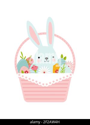Happy Easter. Greeting card or a posters with easter basket, bunny, spring flowers and Easter egg. Egg hunt poster template. Spring background. vector Stock Vector