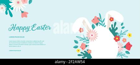 Happy Easter banner. Greeting card, poster or banner with bunny, flowers and Easter egg. Egg hunt poster. Spring background Stock Vector