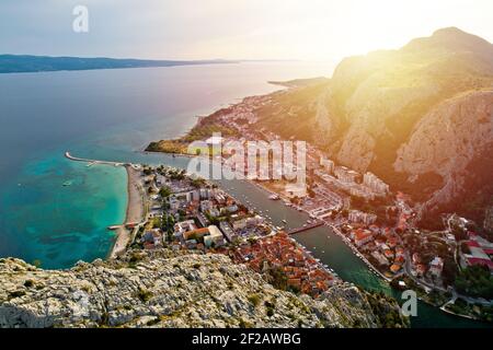 Cetina river mouth and town of Omis aerial sunset view, Dalmatia region of Croatia Stock Photo