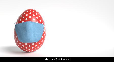 Easter 2021 with Covid-19 and coronavirus concept: 3d rendered egg wearing a surgical blue face mask. It is decorated in red with white dots. Stock Photo