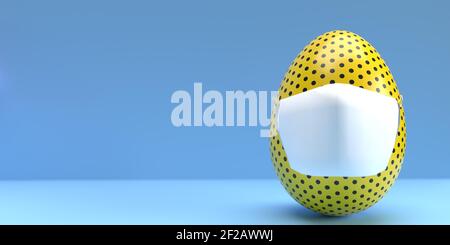 Easter 2021 with Covid-19 and coronavirus concept: 3d rendered egg wearing a surgical whit face mask. It is decorated in yellow with blue dots. Stock Photo