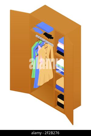 Isometric wardrobe with woman's clothes isolated on white. Flat style vector illustration. Stock Vector