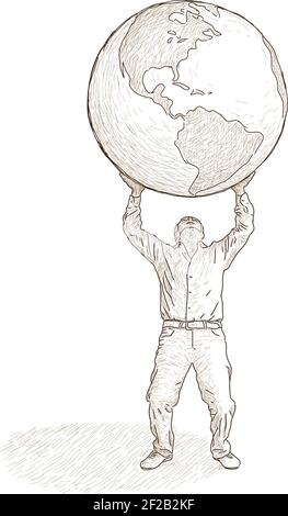 Vector illustration of a man who supports the world. Freehand drawing, isolated from the background. Stock Vector