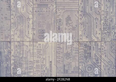 Concrete wall background with carved technological electronics circuit pattern Stock Photo