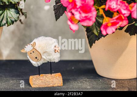 easter decoration with wooden sheep, background Stock Photo