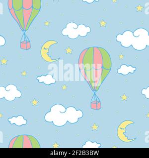 Seamless vector pattern with hot air balloon on light blue background. Children cartoon style wallpaper design. Moon, stars and clouds in sky. Stock Vector