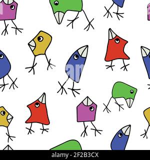 Simple seamless vector pattern with colourful birds on white background. Hand drawn kids illustration. Stock Vector