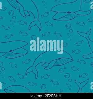 Seamless vector pattern with  whale and fishes on blue background. Simple underwater wallpaper design. Line art fashion textile. Stock Vector