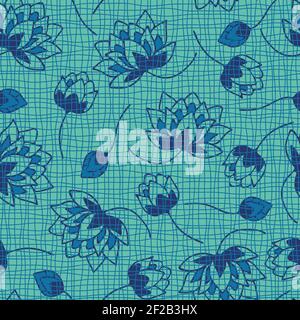 Seamless vector pattern with water lily's on blue background. Simple floral textured wallpaper design. Romantic yoga fashion textile. Stock Vector