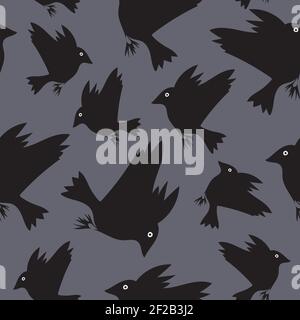 Seamless vector pattern with black bird silhouettes on grey background. Scary flying crow wallpaper design. Animal flock fashion textile. Stock Vector