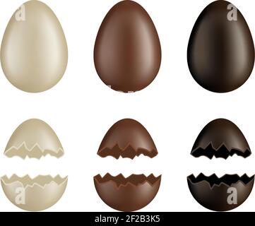 set of whole and broken chocolate eggs. Dark chocolate, milk chocolate and white chocolate eggs. Stock Vector