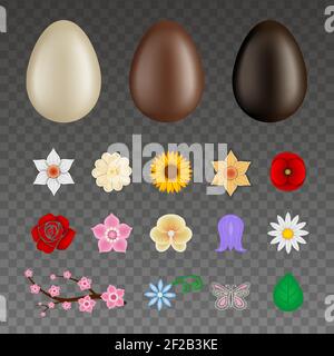decorated chcocolate eggs maker set of empty chocolate eggs and floral decorations Stock Vector
